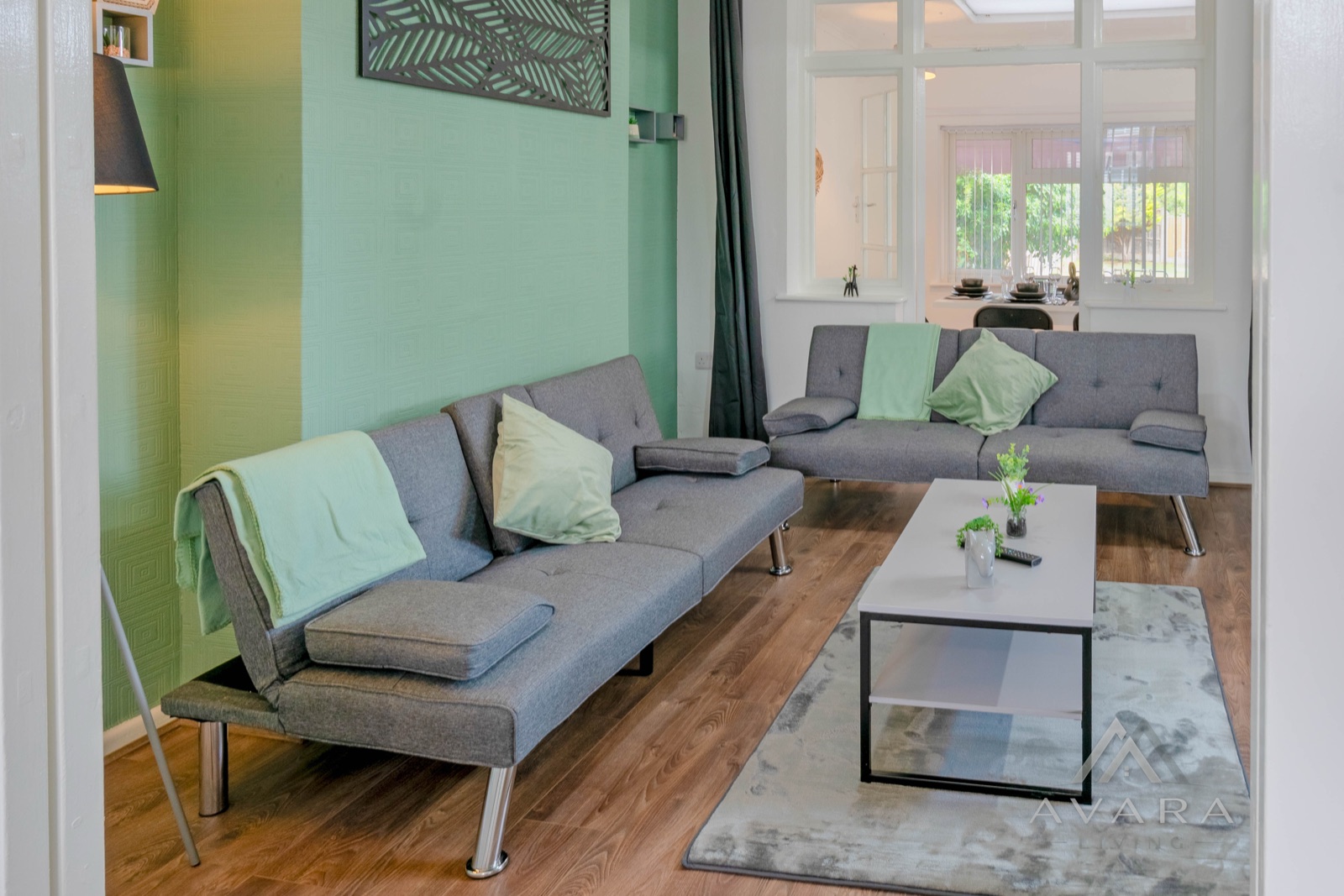 Luxury open-plan living room at Avara Living serviced accommodation Leicester